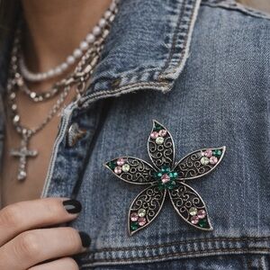 Simon Change Vintage Silver Tone Flower‎ Brooch Green Pink Rhinestones Filigree